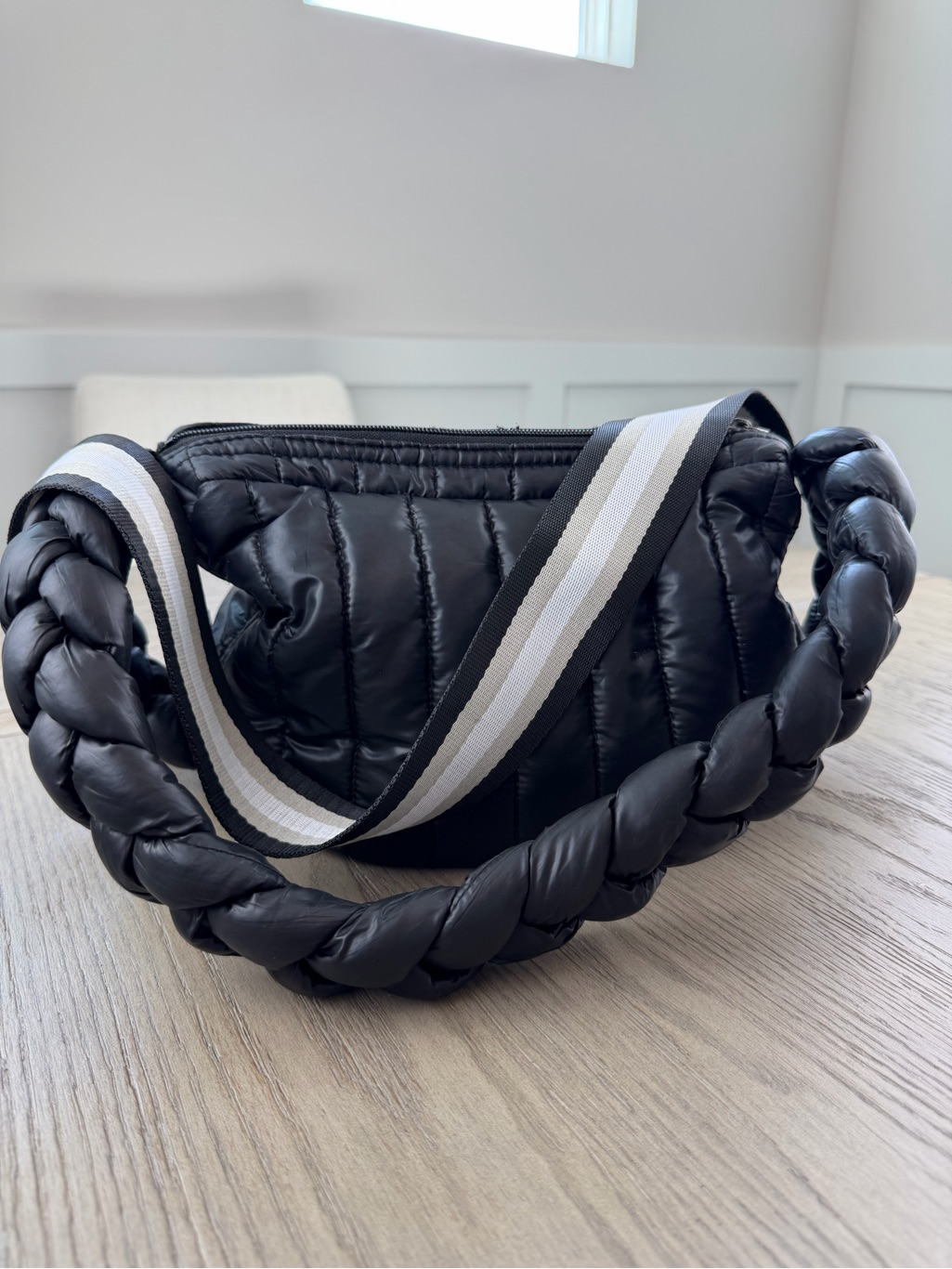 Think Royln Black Quilted Puffer Crossbody Shoulder Bag Braided Strap Nylon